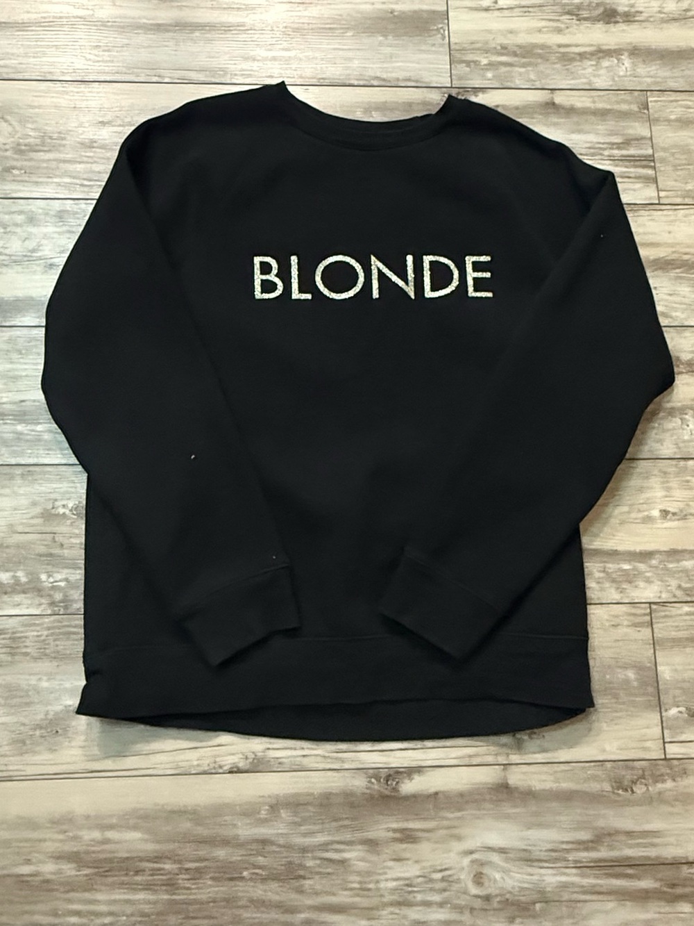 Brunette The Label Black Crewneck Sweatshirt with White Sparkly 'BLONDE'